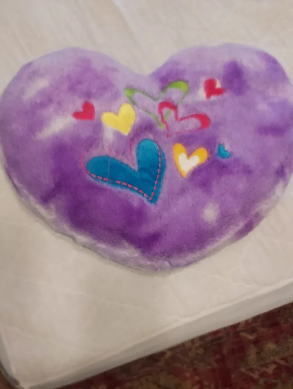 Plush Purple Heart Pillow with Colorful Heart Appliqués